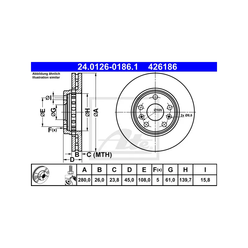Jeu de 2 disques de frein avant ATE 24.0126-0186.1