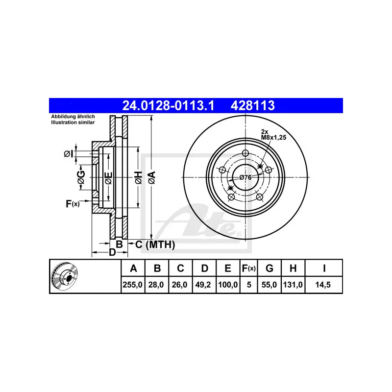 Jeu de 2 disques de frein avant ATE 24.0128-0113.1