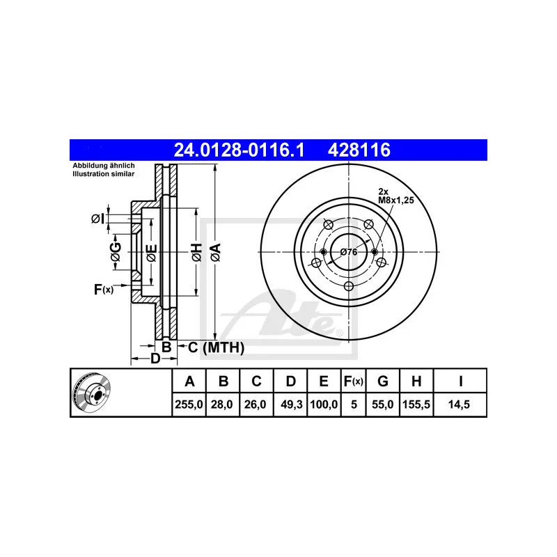Jeu de 2 disques de frein avant ATE 24.0128-0116.1