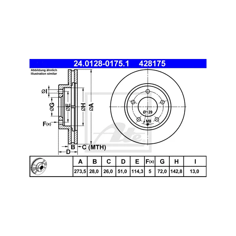 Jeu de 2 disques de frein avant ATE 24.0128-0175.1
