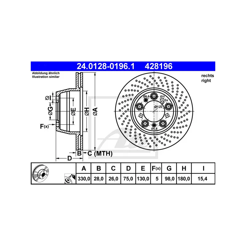 Disque de frein arrière droit ATE 24.0128-0196.1