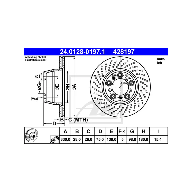Disque de frein arrière gauche ATE 24.0128-0197.1