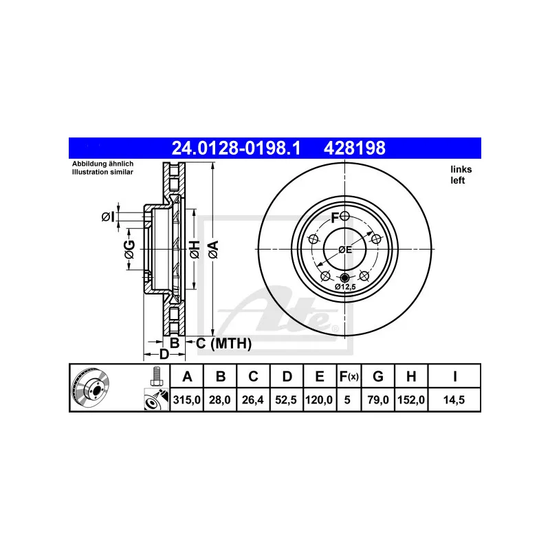 Disque de frein avant gauche ATE 24.0128-0198.1