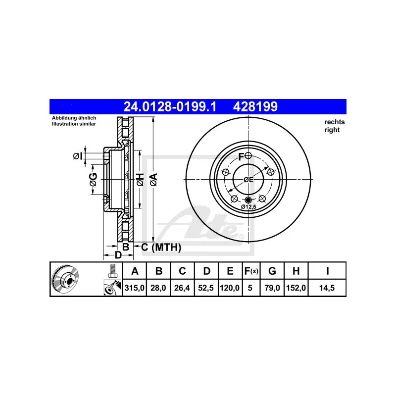 Disque de frein avant droit ATE 24.0128-0199.1