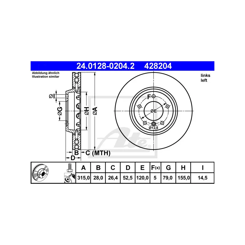 Disque de frein avant gauche ATE 24.0128-0204.2