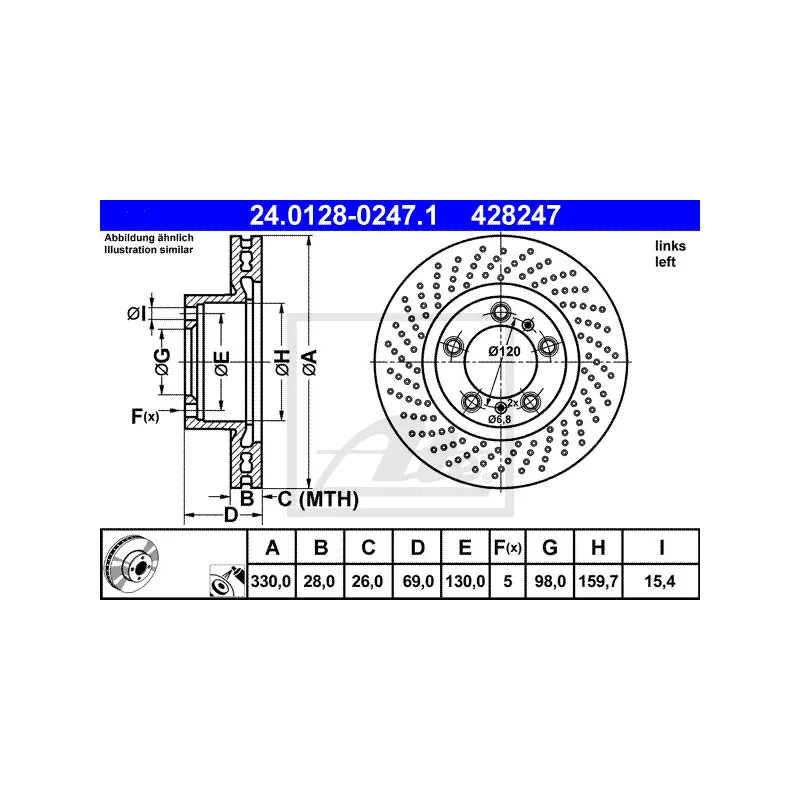 Disque de frein avant gauche ATE 24.0128-0247.1