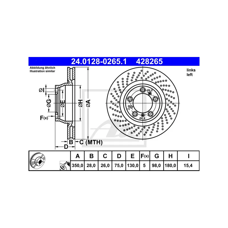 Disque de frein arrière gauche ATE 24.0128-0265.1