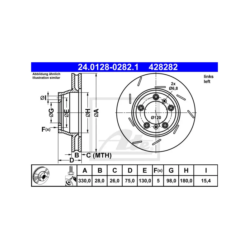 Disque de frein arrière gauche ATE 24.0128-0282.1
