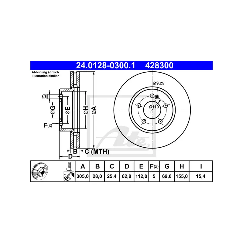 Jeu de 2 disques de frein avant ATE 24.0128-0300.1