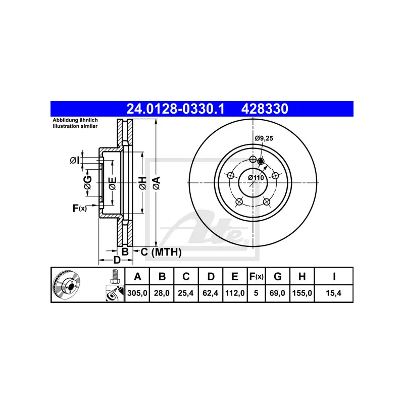 Jeu de 2 disques de frein avant ATE 24.0128-0330.1