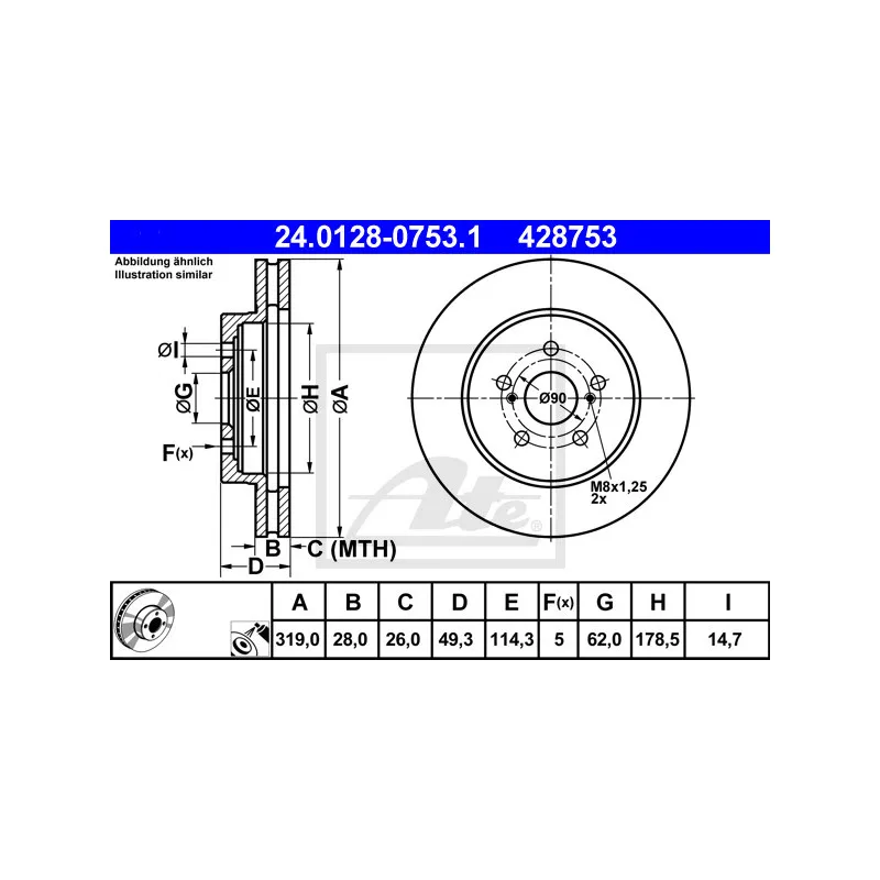 Jeu de 2 disques de frein avant ATE 24.0128-0753.1