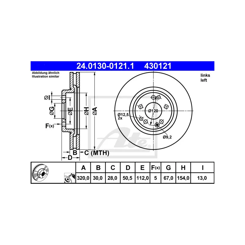 Disque de frein avant gauche ATE 24.0130-0121.1