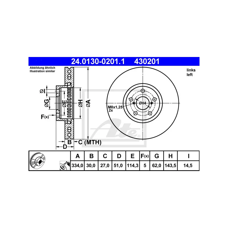 Disque de frein avant gauche ATE 24.0130-0201.1