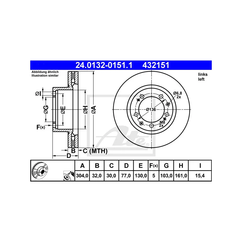 Disque de frein avant gauche ATE 24.0132-0151.1