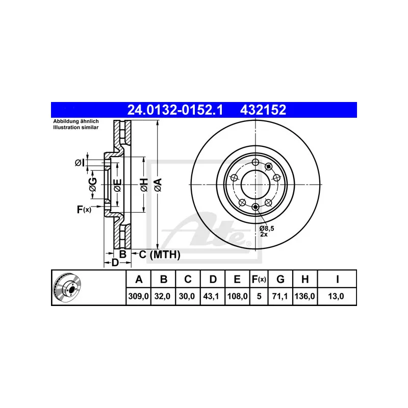 Jeu de 2 disques de frein avant ATE 24.0132-0152.1