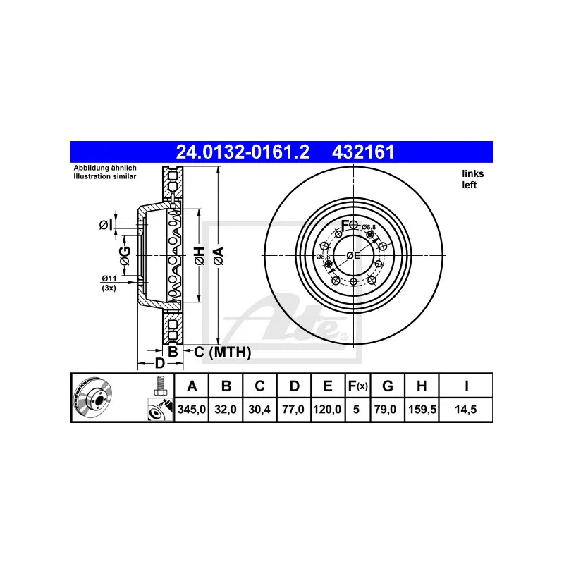 Disque de frein avant gauche ATE 24.0132-0161.2