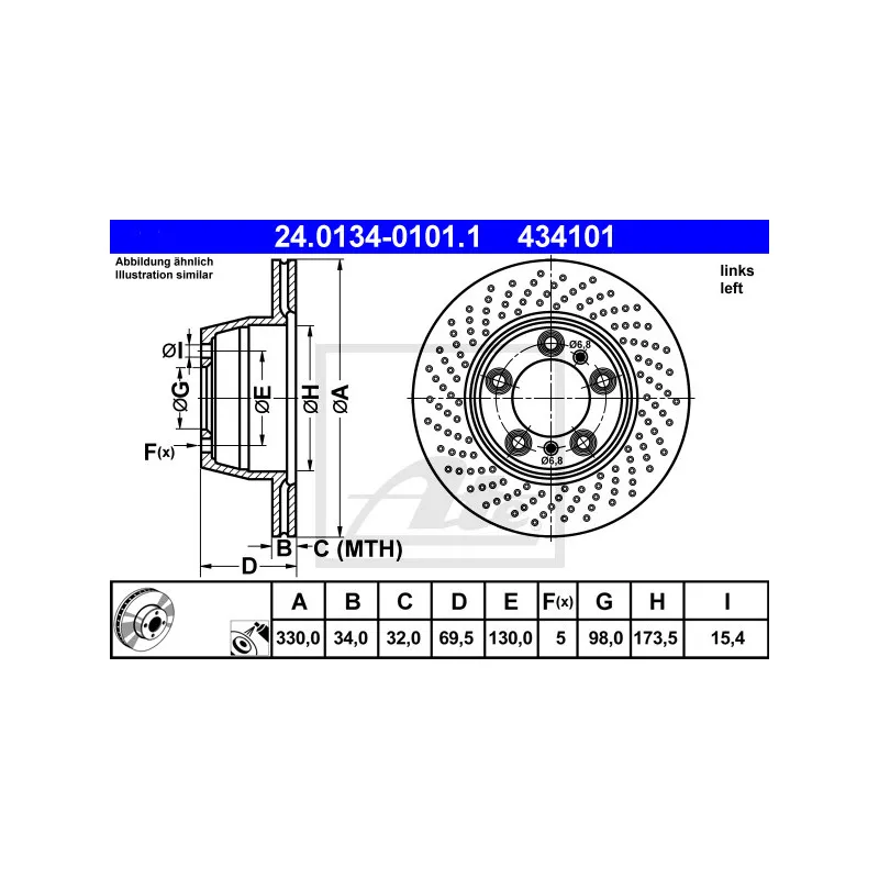 Disque de frein avant gauche ATE 24.0134-0101.1