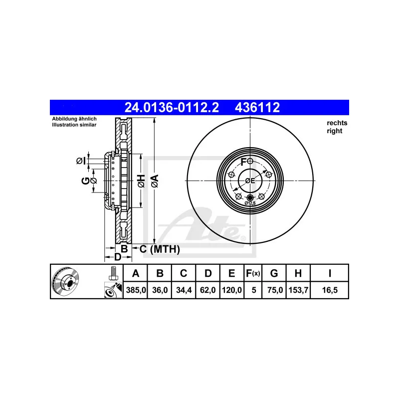 Disque de frein avant droit ATE 24.0136-0112.2