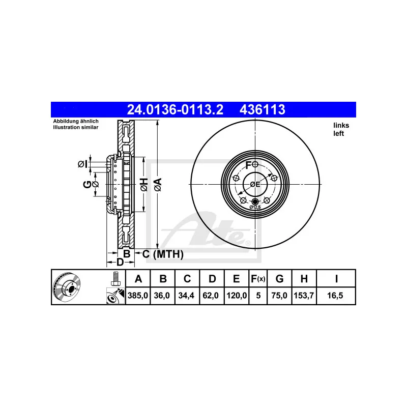 Disque de frein avant gauche ATE 24.0136-0113.2