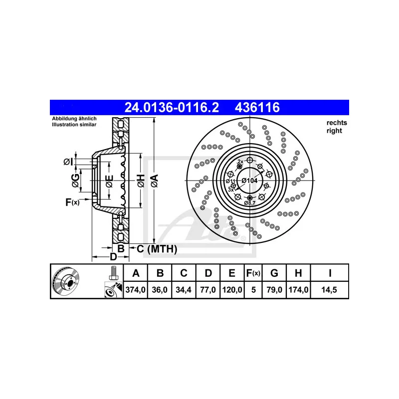 Disque de frein avant droit ATE 24.0136-0116.2