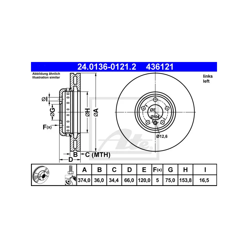 Disque de frein avant gauche ATE 24.0136-0121.2