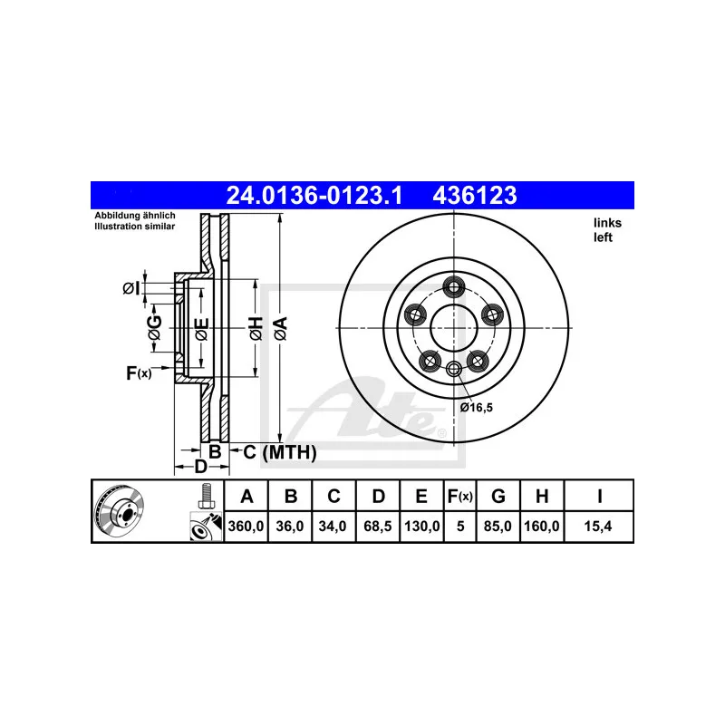 Disque de frein avant gauche ATE 24.0136-0123.1