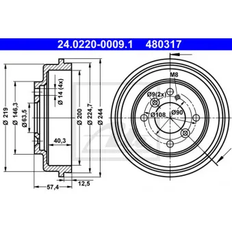 Tambour de frein ATE 24.0220-0009.1