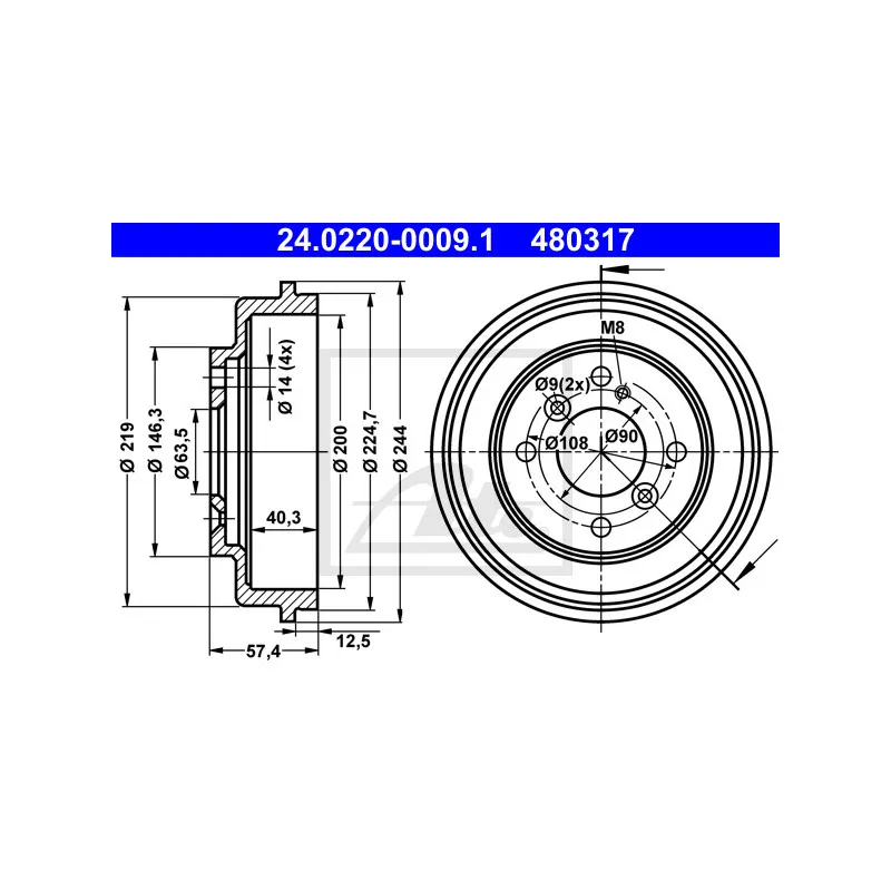 Tambour de frein ATE 24.0220-0009.1