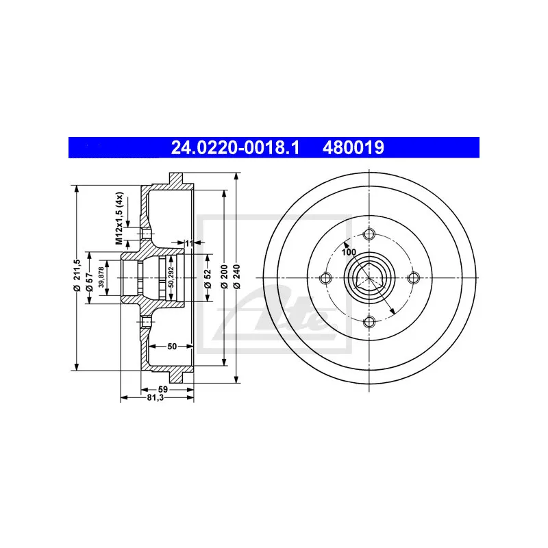 Tambour de frein ATE 24.0220-0018.1