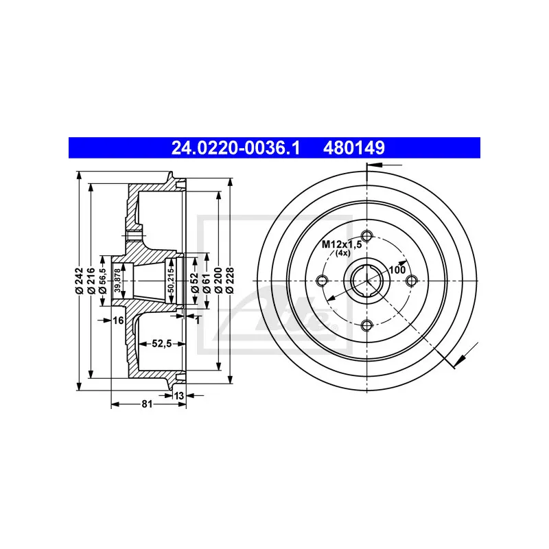 Tambour de frein ATE 24.0220-0036.1