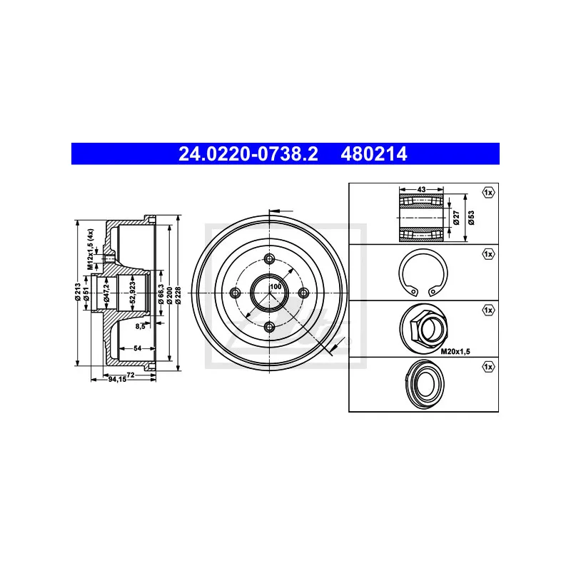 Tambour de frein ATE 24.0220-0738.2