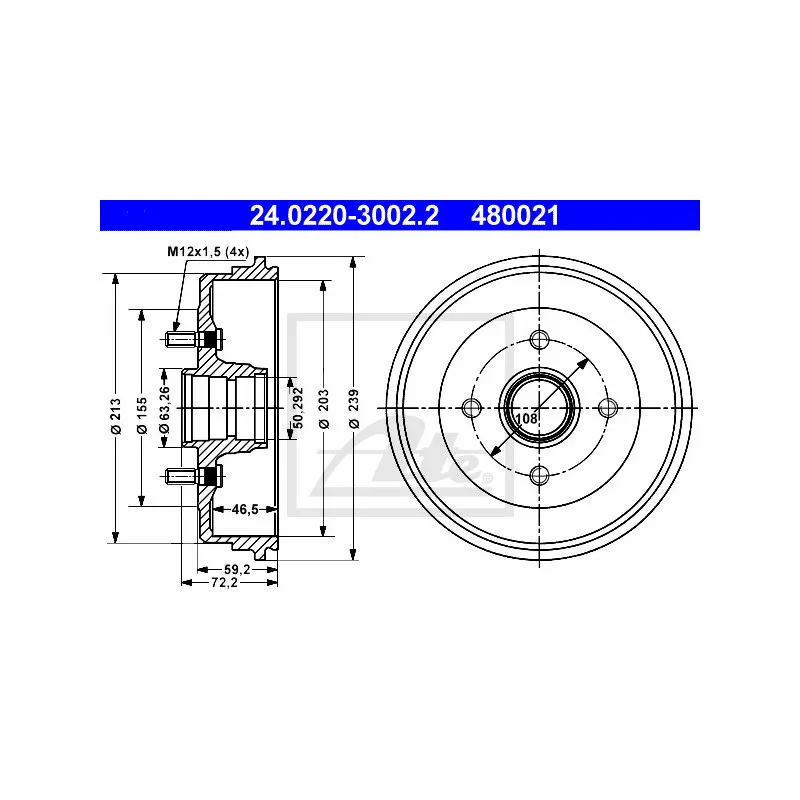 Tambour de frein ATE 24.0220-3002.2