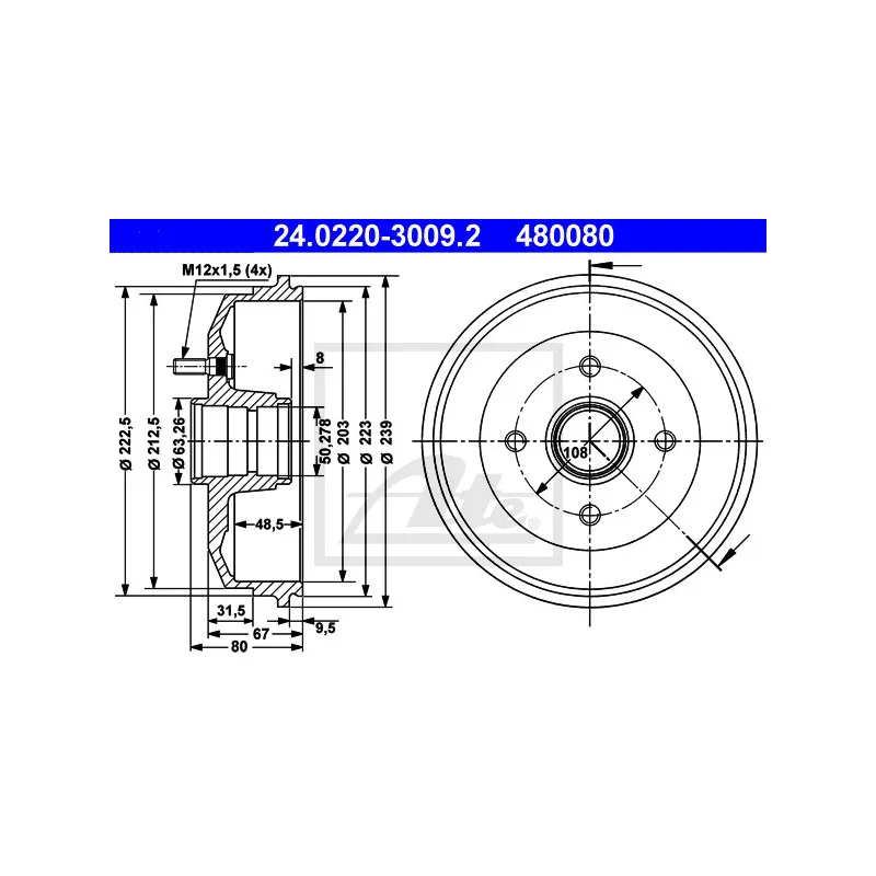 Tambour de frein ATE 24.0220-3009.2