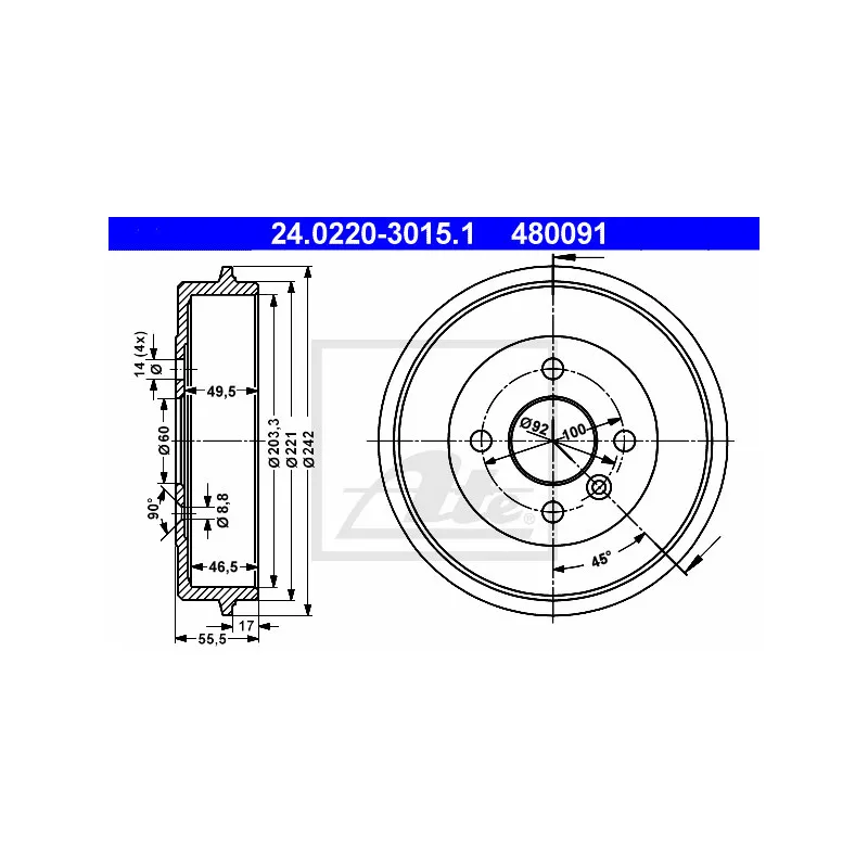 Tambour de frein ATE 24.0220-3015.1