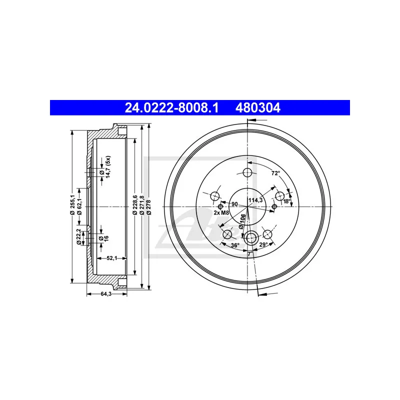 Tambour de frein ATE 24.0222-8008.1