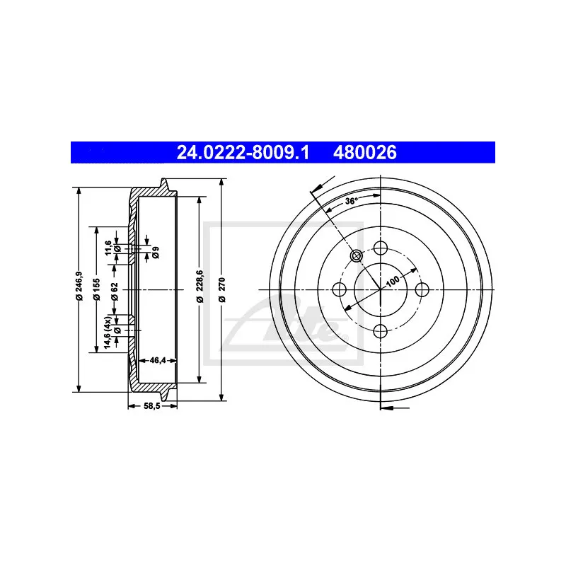 Tambour de frein ATE 24.0222-8009.1