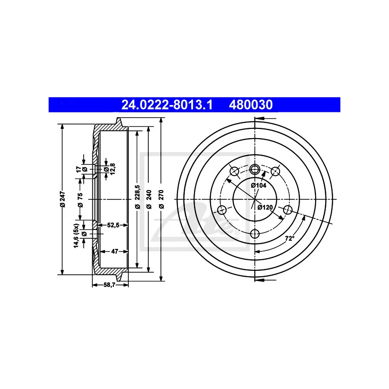 Tambour de frein ATE 24.0222-8013.1