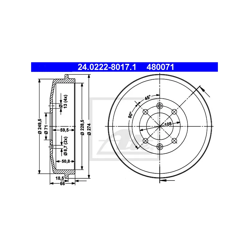 Tambour de frein ATE 24.0222-8017.1