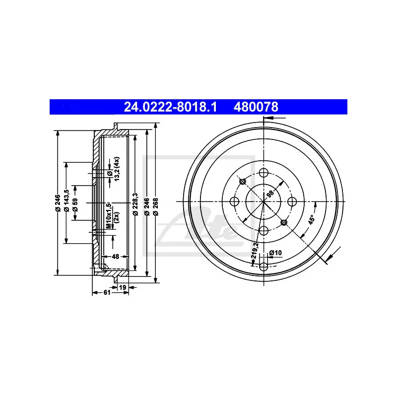 Tambour de frein ATE 24.0222-8018.1