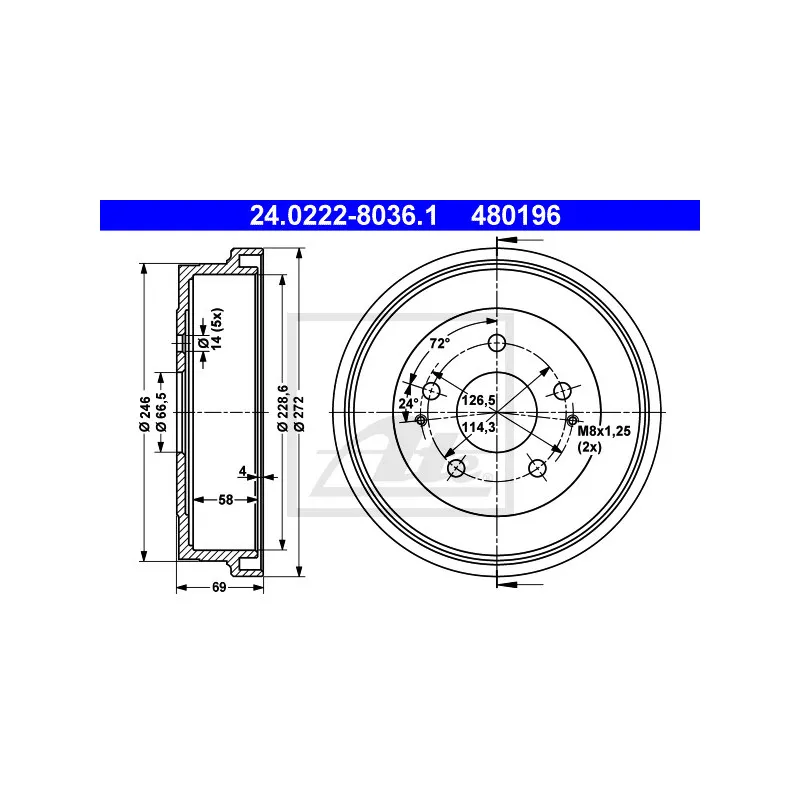Tambour de frein ATE 24.0222-8036.1