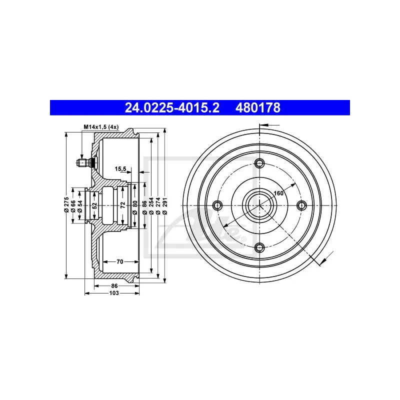 Tambour de frein ATE 24.0225-4015.2