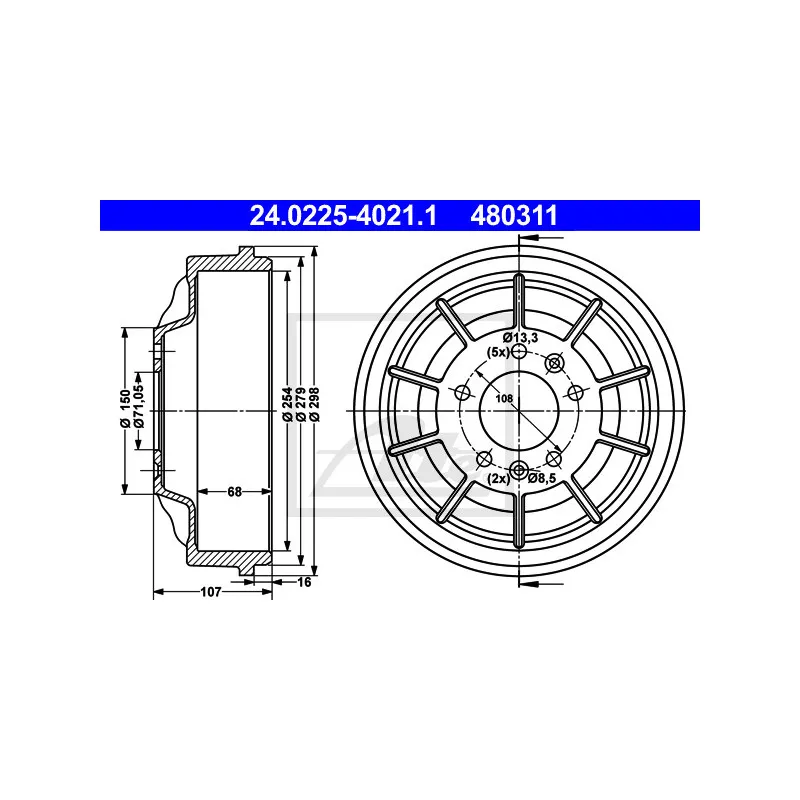 Tambour de frein ATE 24.0225-4021.1