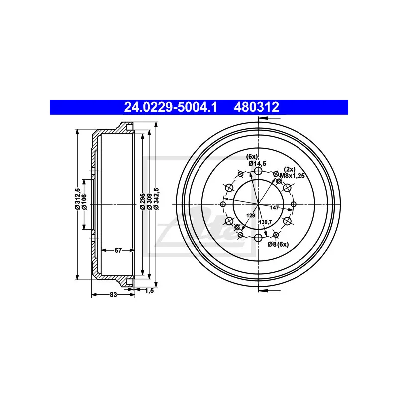 Tambour de frein ATE 24.0229-5004.1