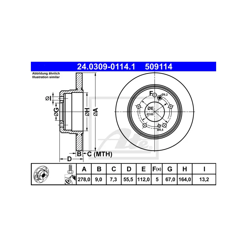 Jeu de 2 disques de frein arrière ATE 24.0309-0114.1