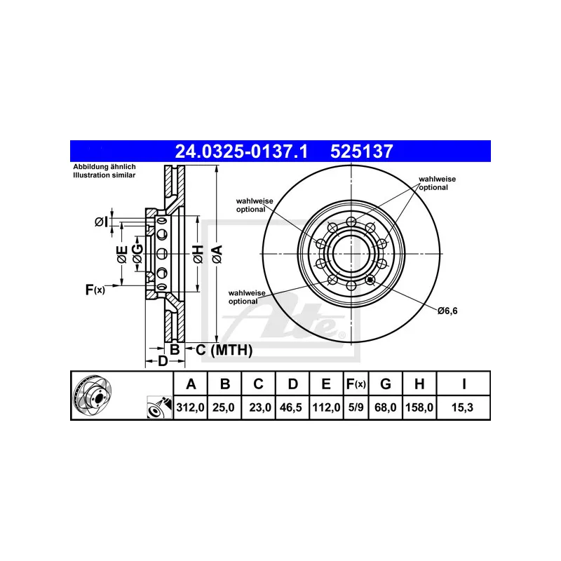 Jeu de 2 disques de frein avant ATE 24.0325-0137.1