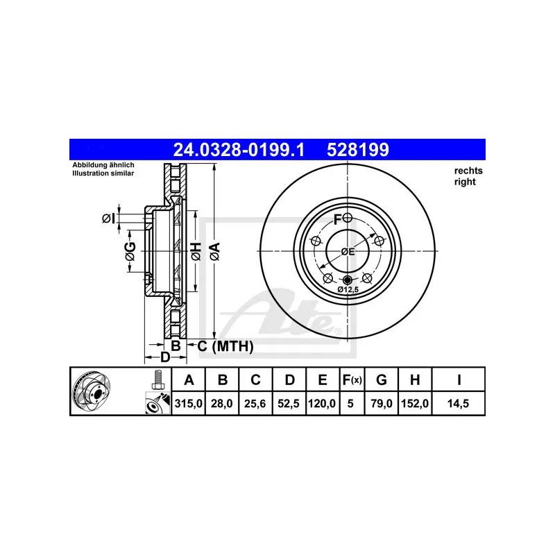Disque de frein avant droit ATE 24.0328-0199.1