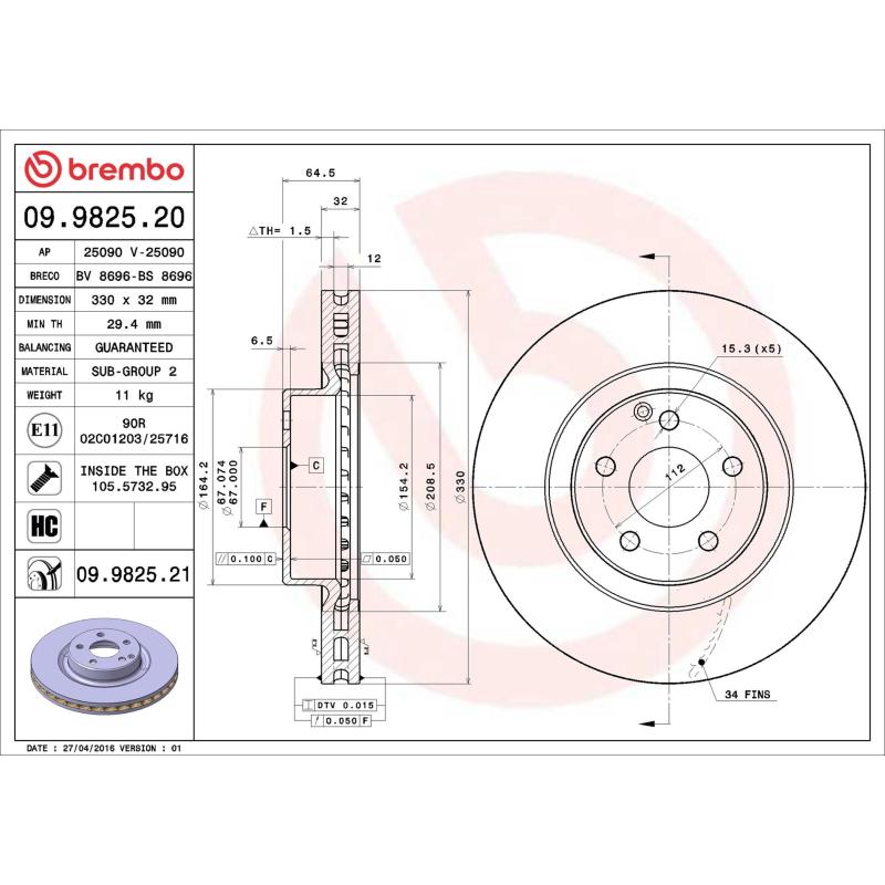 Jeu de 2 disques de frein avant BREMBO 09.9825.21 - Visuel 1