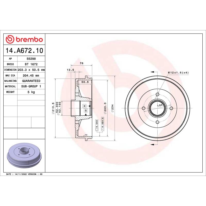 Tambour de frein BREMBO 14.A672.10 - Visuel 1