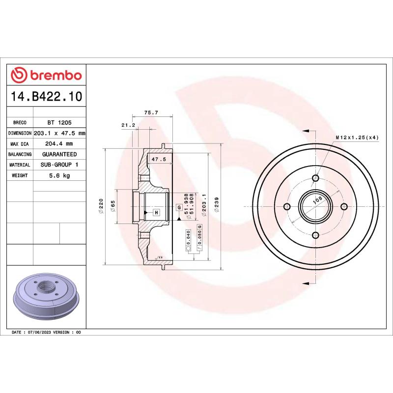 Tambour de frein BREMBO 14.B422.10 - Visuel 1