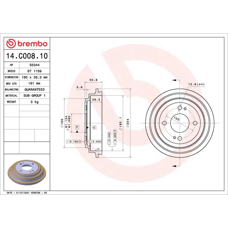 Tambour de frein BREMBO 14.C008.10 - Visuel 1